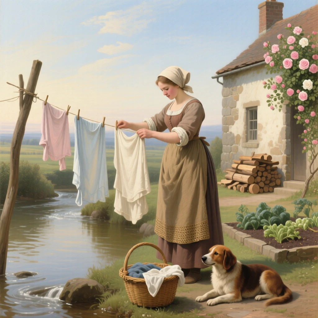 A washerwoman hanging linens to dry beside a rippling stream in a scene both modest and deeply human, set beside a rustic cottage framed by climbing roses, with modest but well-tended surroundings speaking of quiet pride; the horizon and open sky give even modest labor room to breathe, filled with gentle humor, warmth, and community spirit.