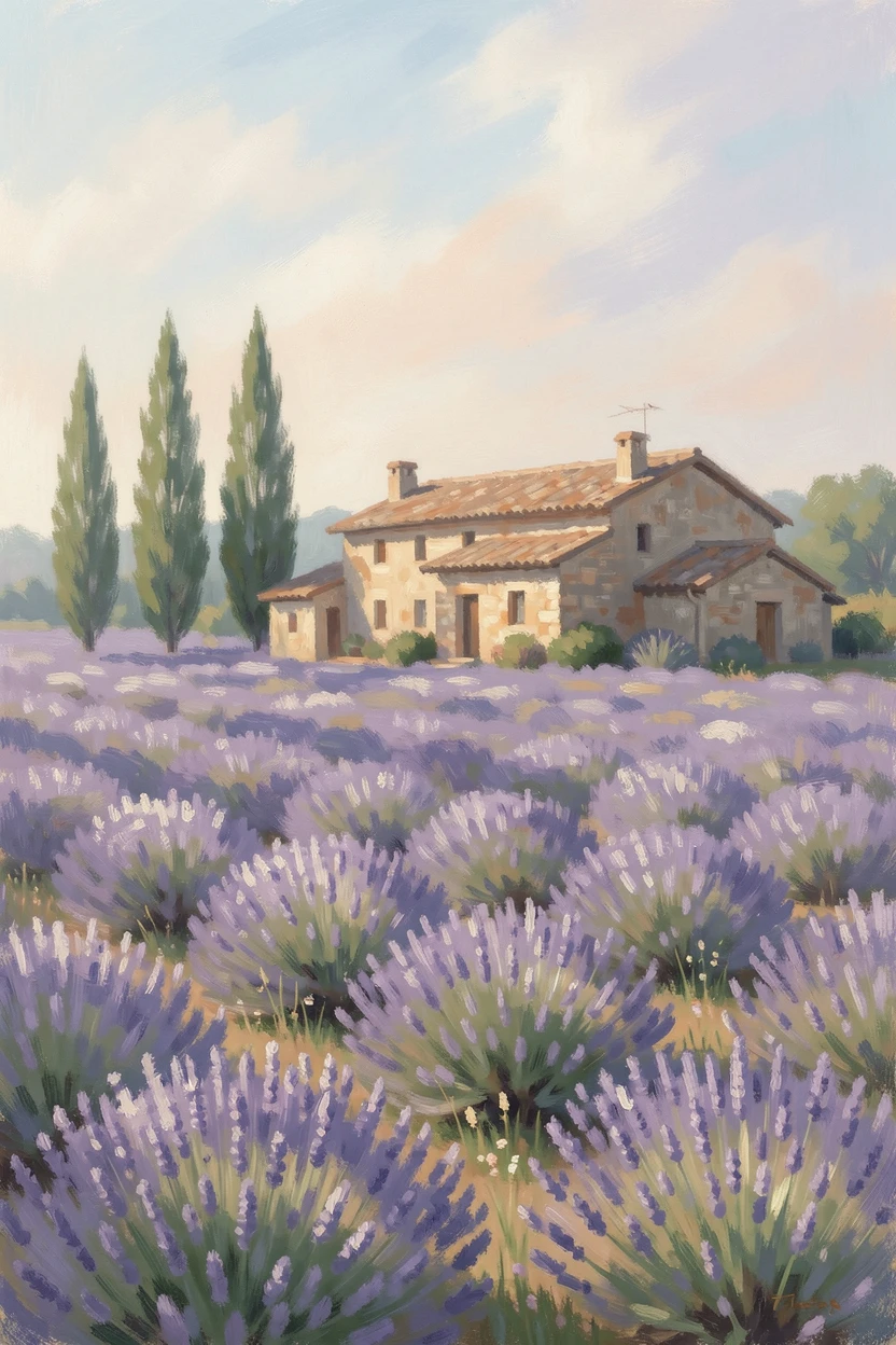 A field of lavender in Provence with a rustic stone farmhouse and cypress trees under a hazy summer sky.