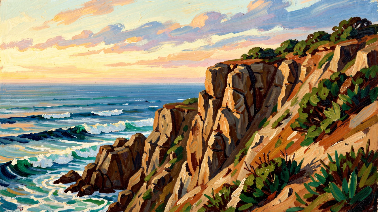 A coastal cliff at dawn, waves breaking far below in soft golden light.