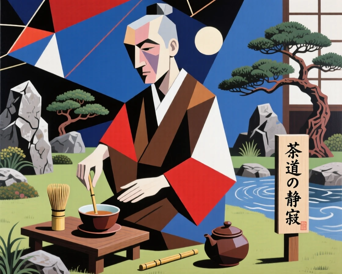 A traditional tea ceremony performed gracefully in a quiet Japanese garden.