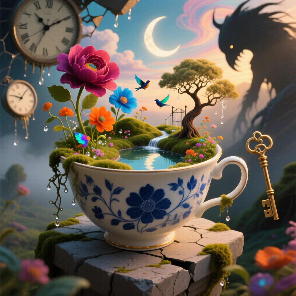 A quiet garden growing inside a forgotten teacup continues on peacefully, unaware of the giant world beyond it, while everything beyond its edges fades into soft shadow.
