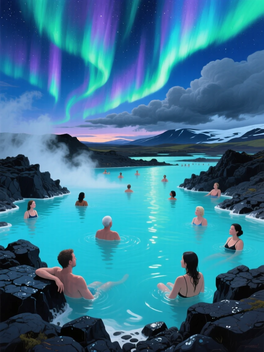 The Blue Lagoon in Iceland steams gently under a sky filled with dancing aurora, bathers relaxing in the milky turquoise geothermal water surrounded by black lava rock, distant weather visible on the horizon hinting at conditions that will arrive within the hour.
