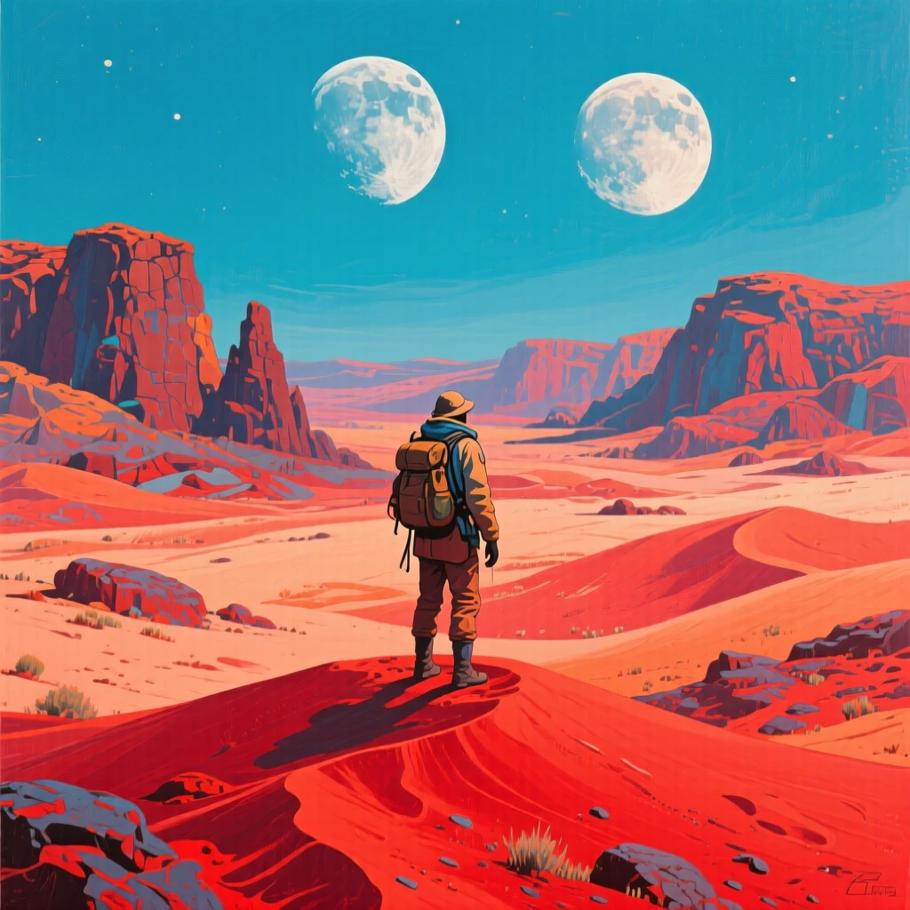 A lone explorer standing on a red Martian dune, twin moons rising over a rocky horizon