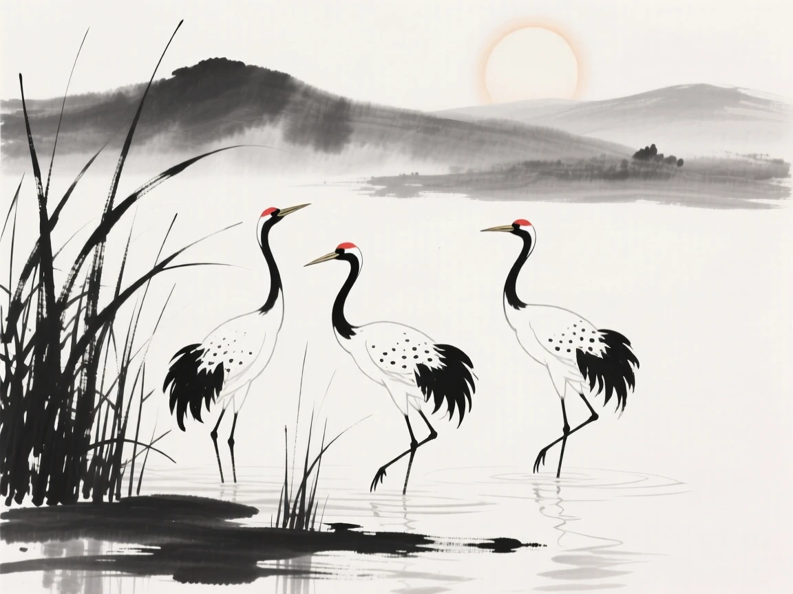 Three cranes wade among tall reeds at the water's edge, as the sun rises over distant hills.