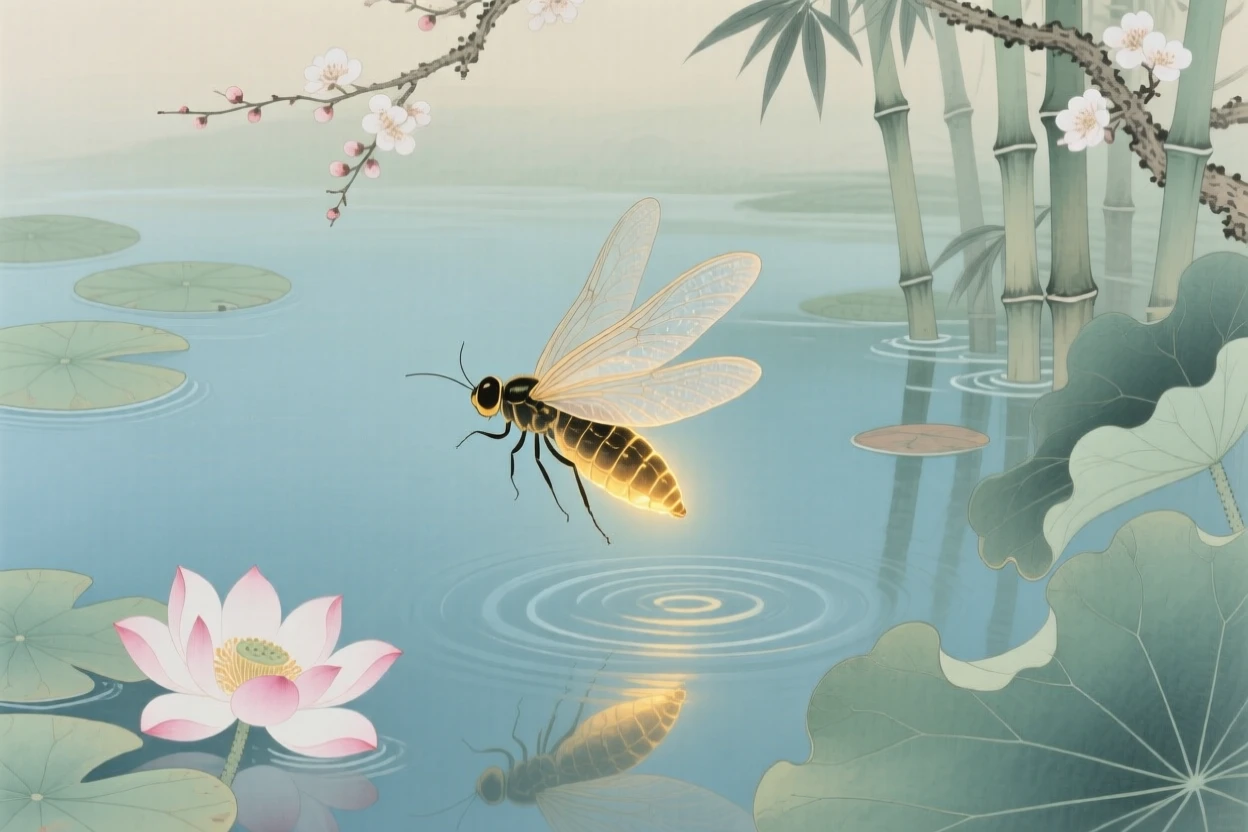 A single firefly hovering above a still garden pond