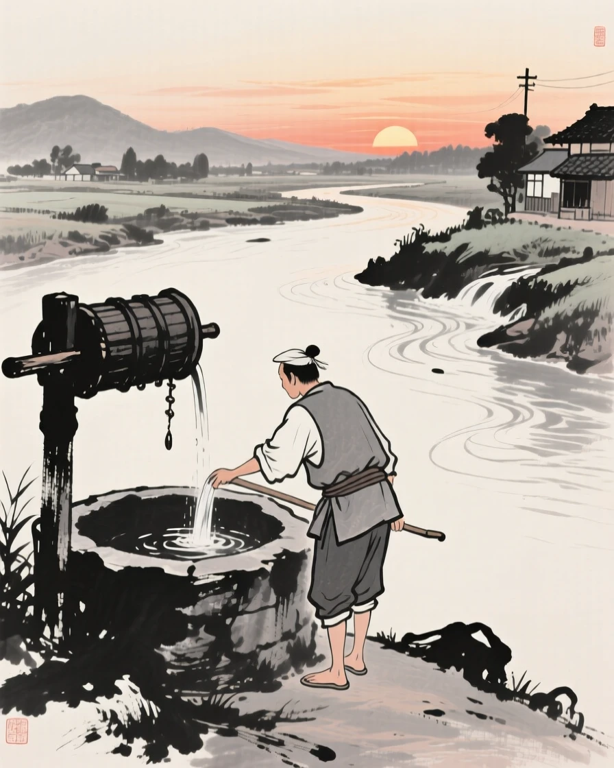 A shepherd drawing water from a village well beside a slow-moving river at sunset, seen from behind, gazing out toward the horizon, evoking warmth, simplicity, and quiet dignity.