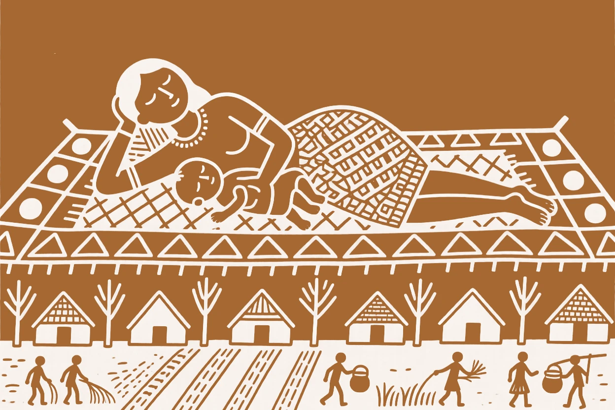 A mother resting together after a day of work on a rooftop overlooking the village.