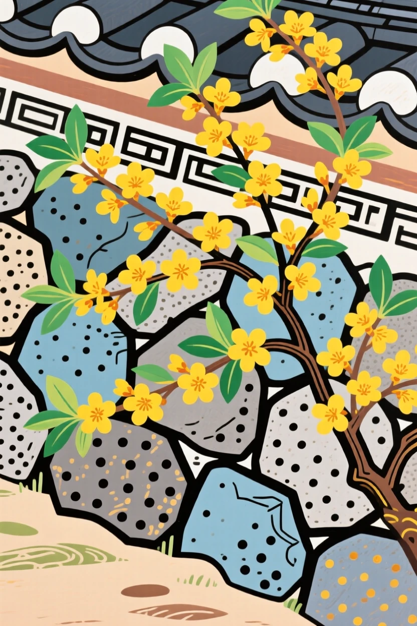 Forsythia branches in golden bloom beside a stone garden wall.