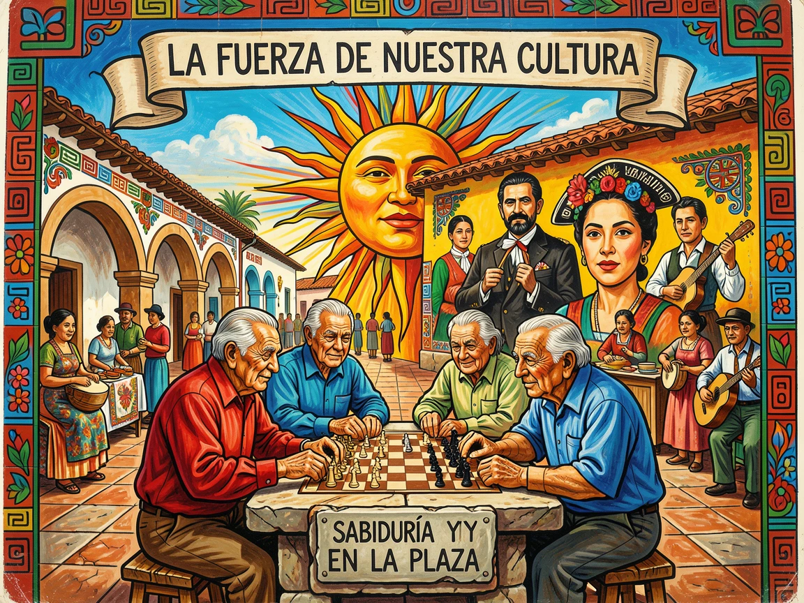 A group of elders playing chess in a sunny plaza