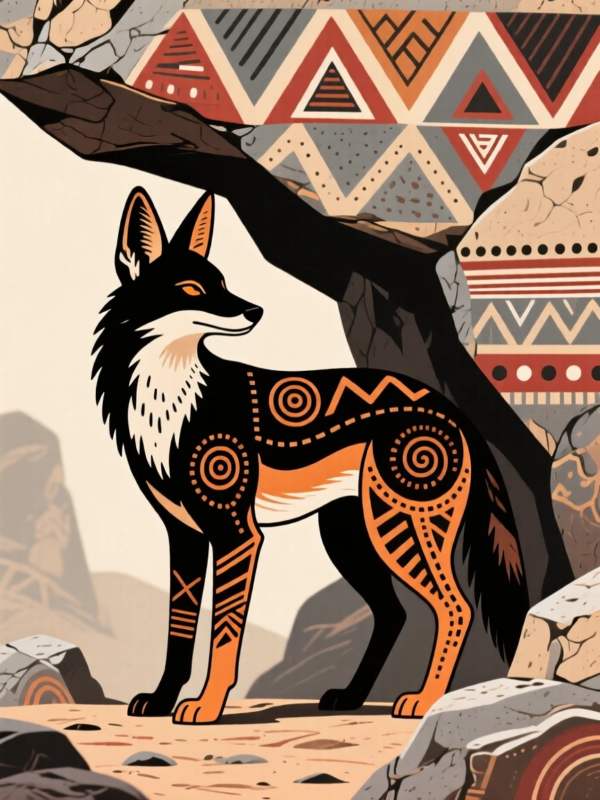 A black-backed jackal sheltering under a rocky overhang.