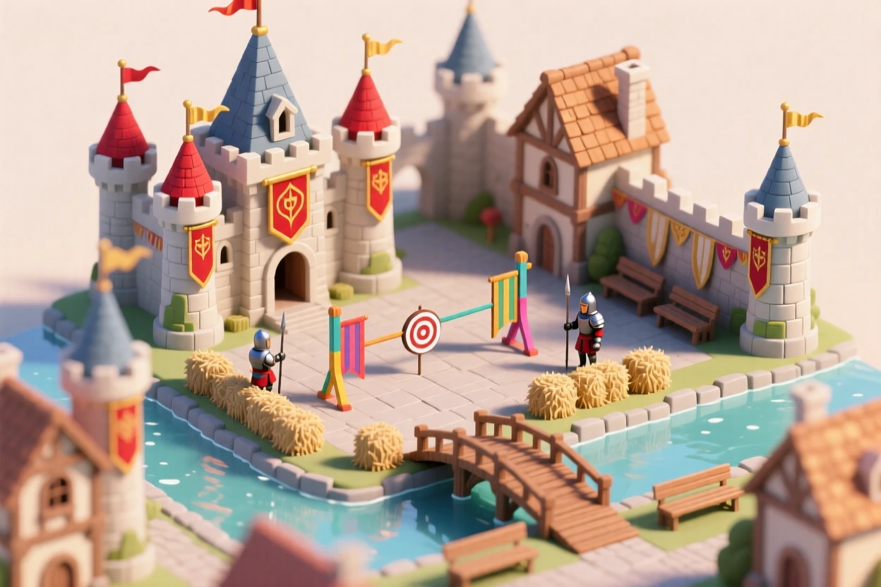 A fairy-tale castle town surrounded by a moat, with a drawbridge lowered, banners flying from every turret, and a jousting tournament set up in the courtyard.