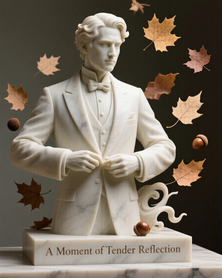 A tender portrait of a groom straightening his jacket, gazing thoughtfully into the distance, surrounded by drifting autumn leaves, evoking warmth and humanity