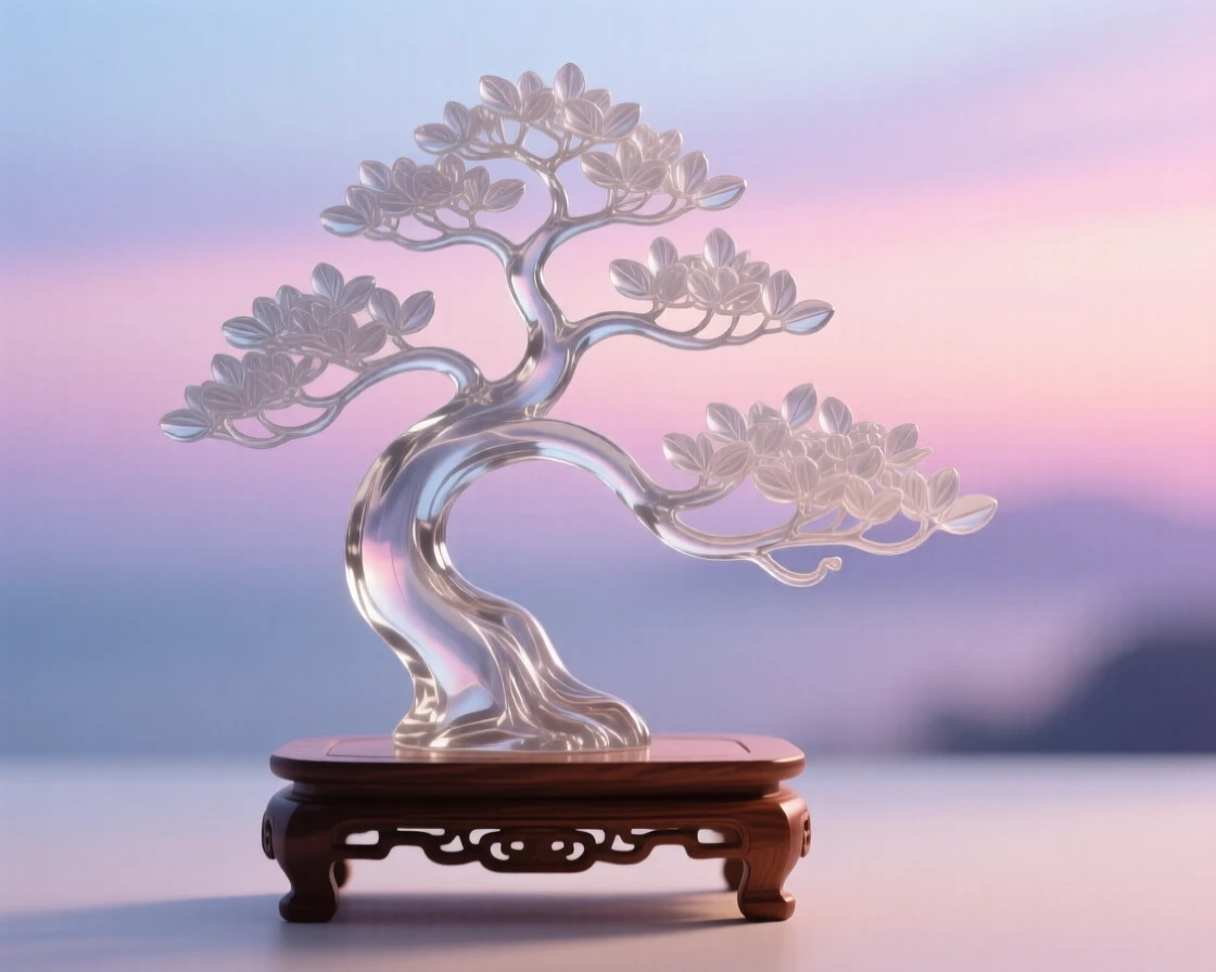 A bonsai tree on a wooden stand swaying gently in a light breeze under a pastel sky at dusk, dreamy and peaceful atmosphere.