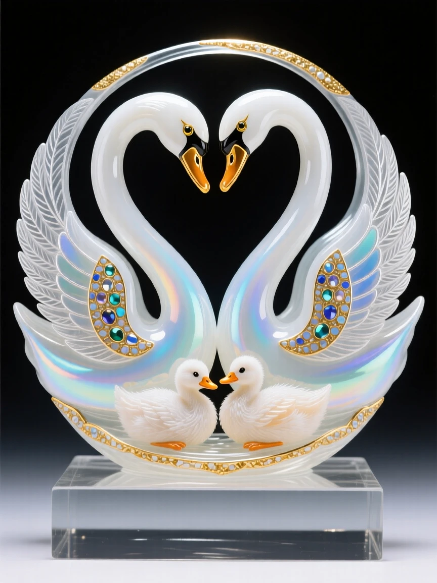 A pair of swans forming a protective circle around their cygnets, tender and vigilant.