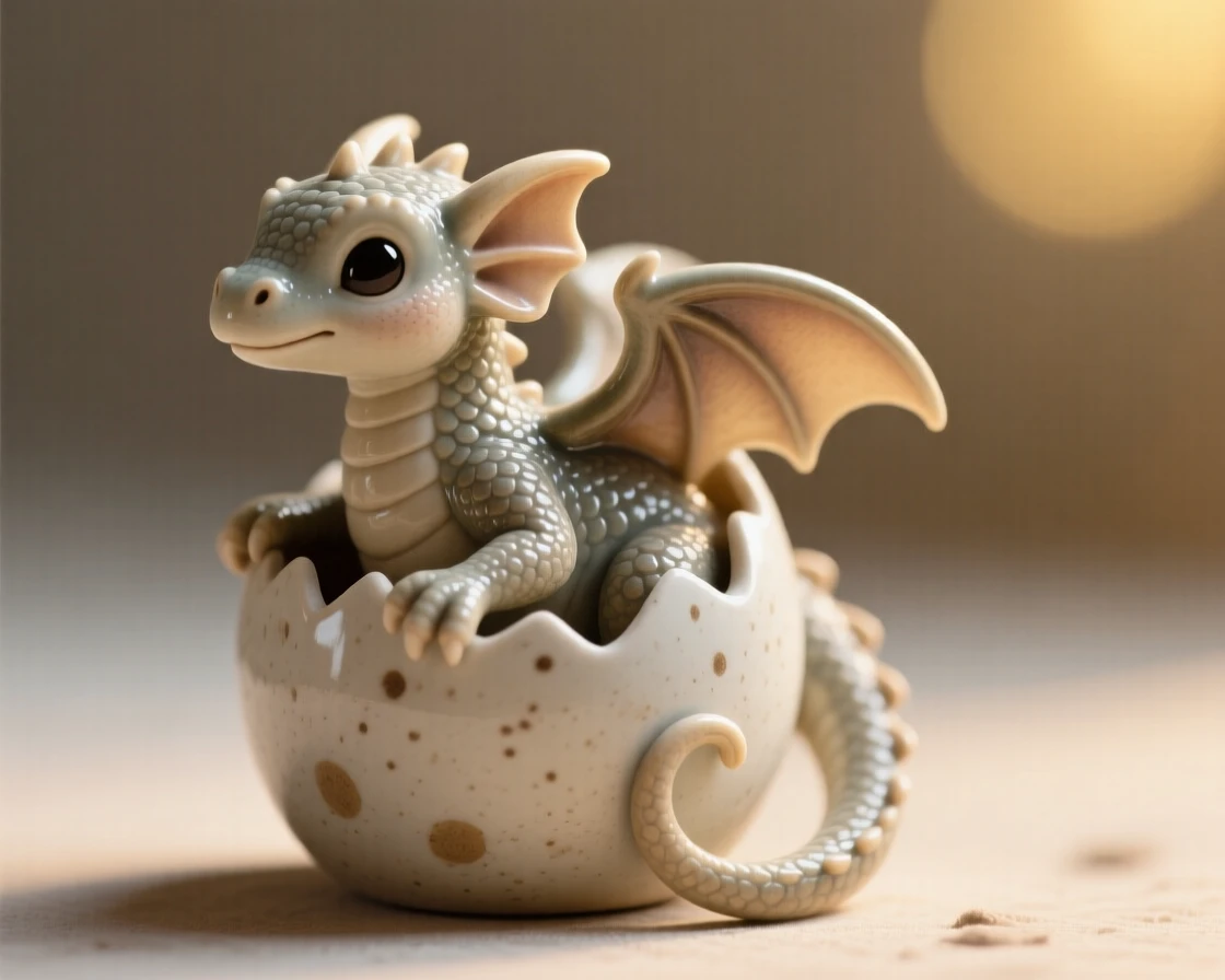 A tiny baby dragon hatching from a speckled egg posed with an adorably curious tilt of the head, haloed by warm, gentle light, evoking pure, heartwarming sweetness.