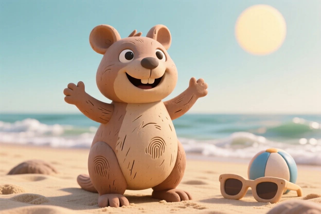 A quokka smiling for an imaginary photo on a sunny beach