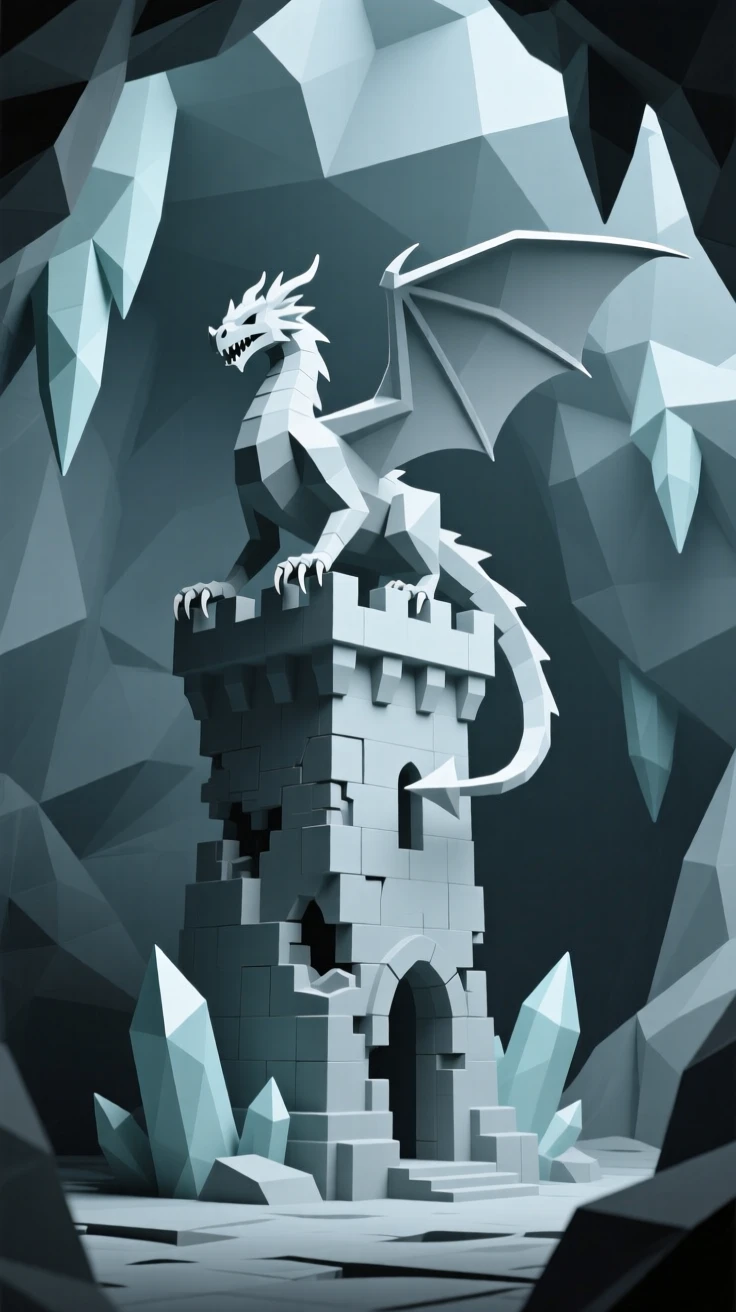 A majestic dragon perched atop a crumbling tower, inside a cavern glittering with crystal light. rich color contrasts add depth to the fantasy setting. The atmosphere is epic and awe-inspiring.