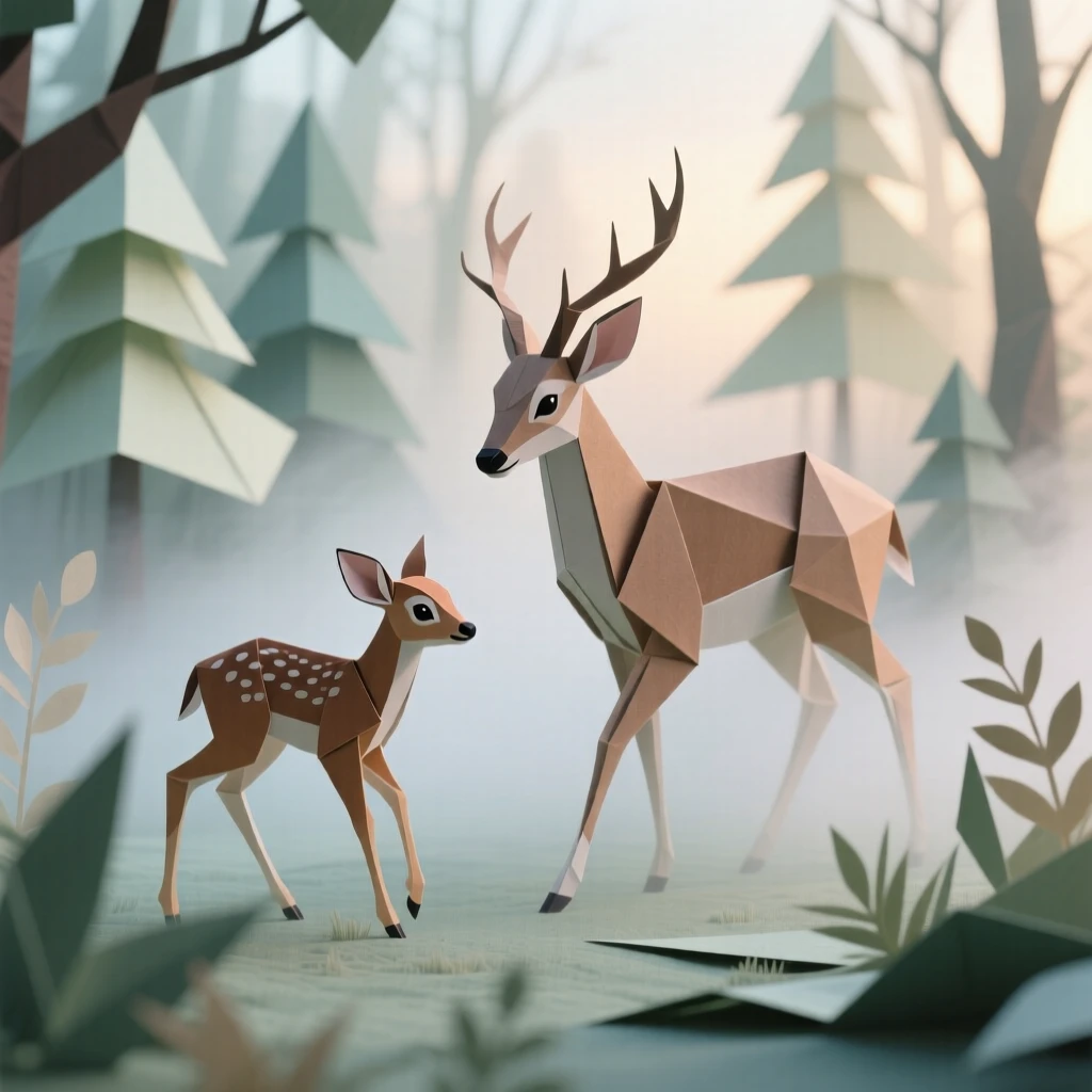 A young deer fawn following its mother across a misty forest clearing at dawn.