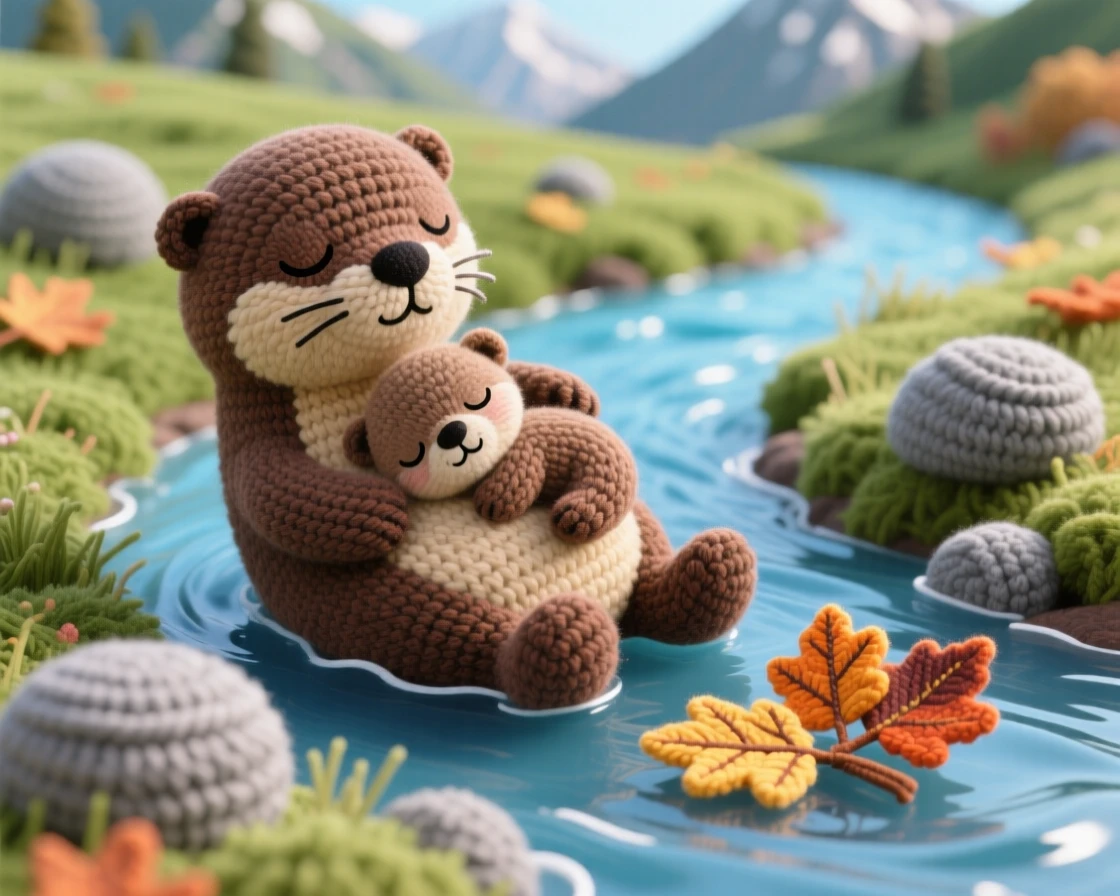 a small baby otter pup asleep on its mother's belly, with tiny closed eyes, floating peacefully downstream, set in a mountain meadow with scattered boulders, with a bundle of dried autumn leaves, evoking a peaceful, drowsy calm settling over the scene.