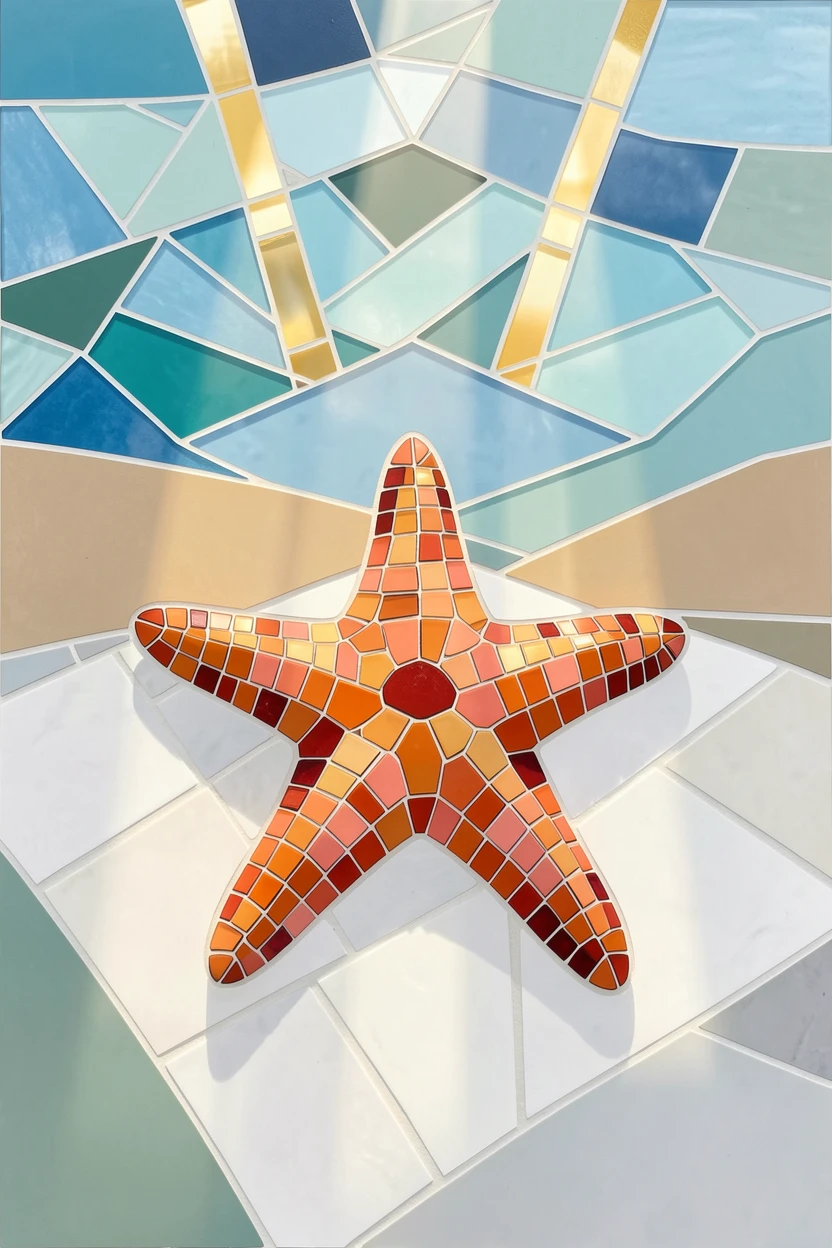 A starfish resting on a bed of white sand beneath clear water, illuminated by soft rays of sunlight filtering through water.
