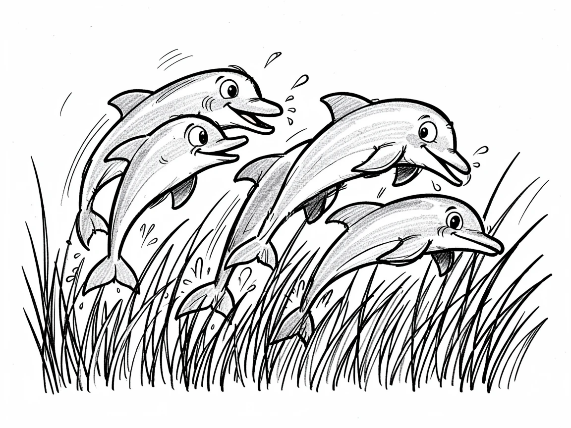 A pod of dolphins leaping beside a field of tall grass.