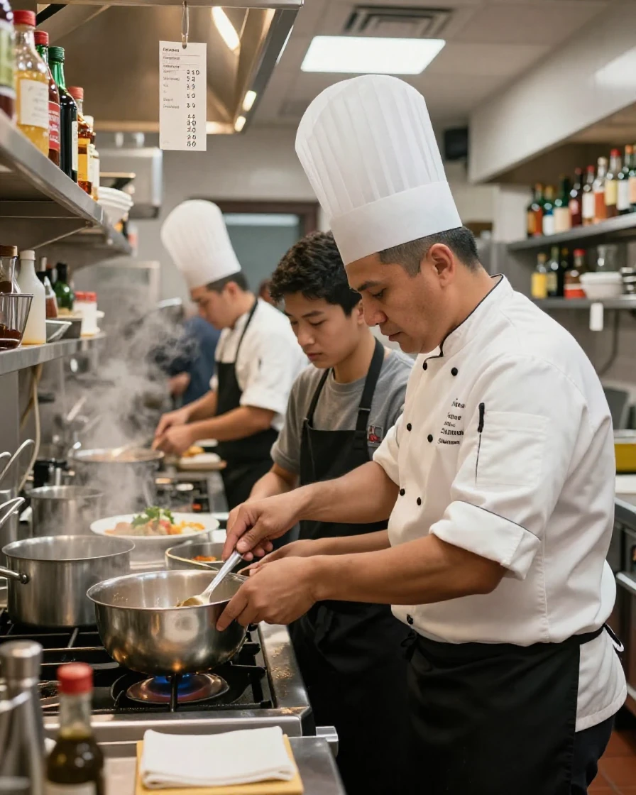 A chef trains a young apprentice in a busy restaurant kitchen during dinner rush.