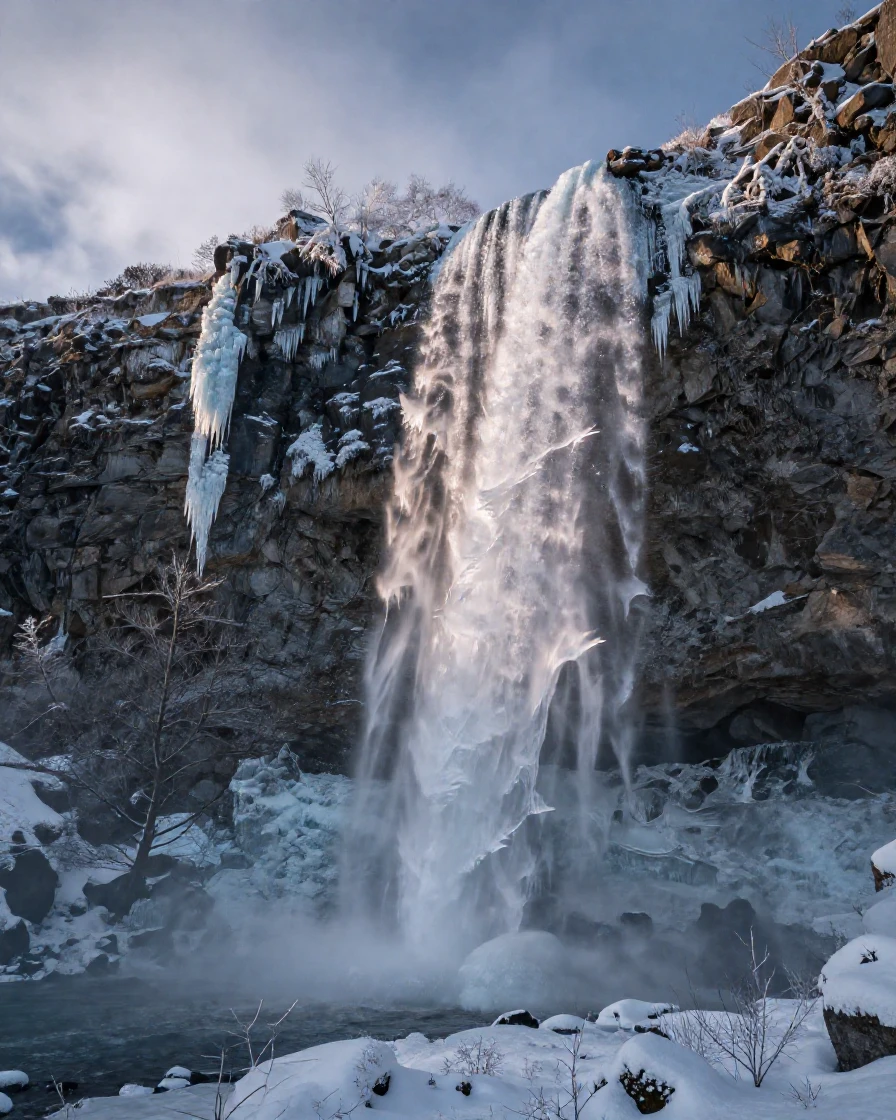 A frozen waterfall suspended mid-cascade down a rocky cliff face in deep winter