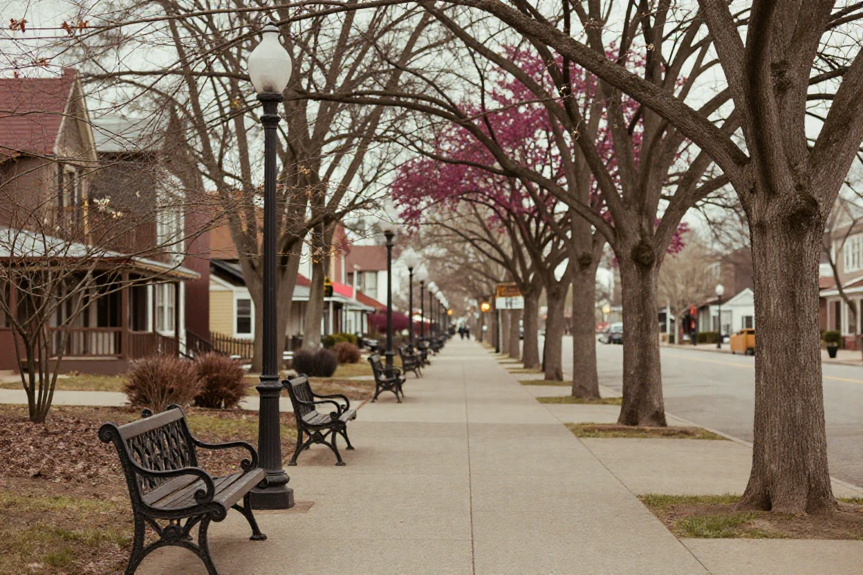 A tree-lined boulevard with wrought-iron benches and old streetlamps, under a pale winter sky, on a clear, cloudless day, in early spring, with rich burgundy and gold accents, at eye level, intimate and direct.
