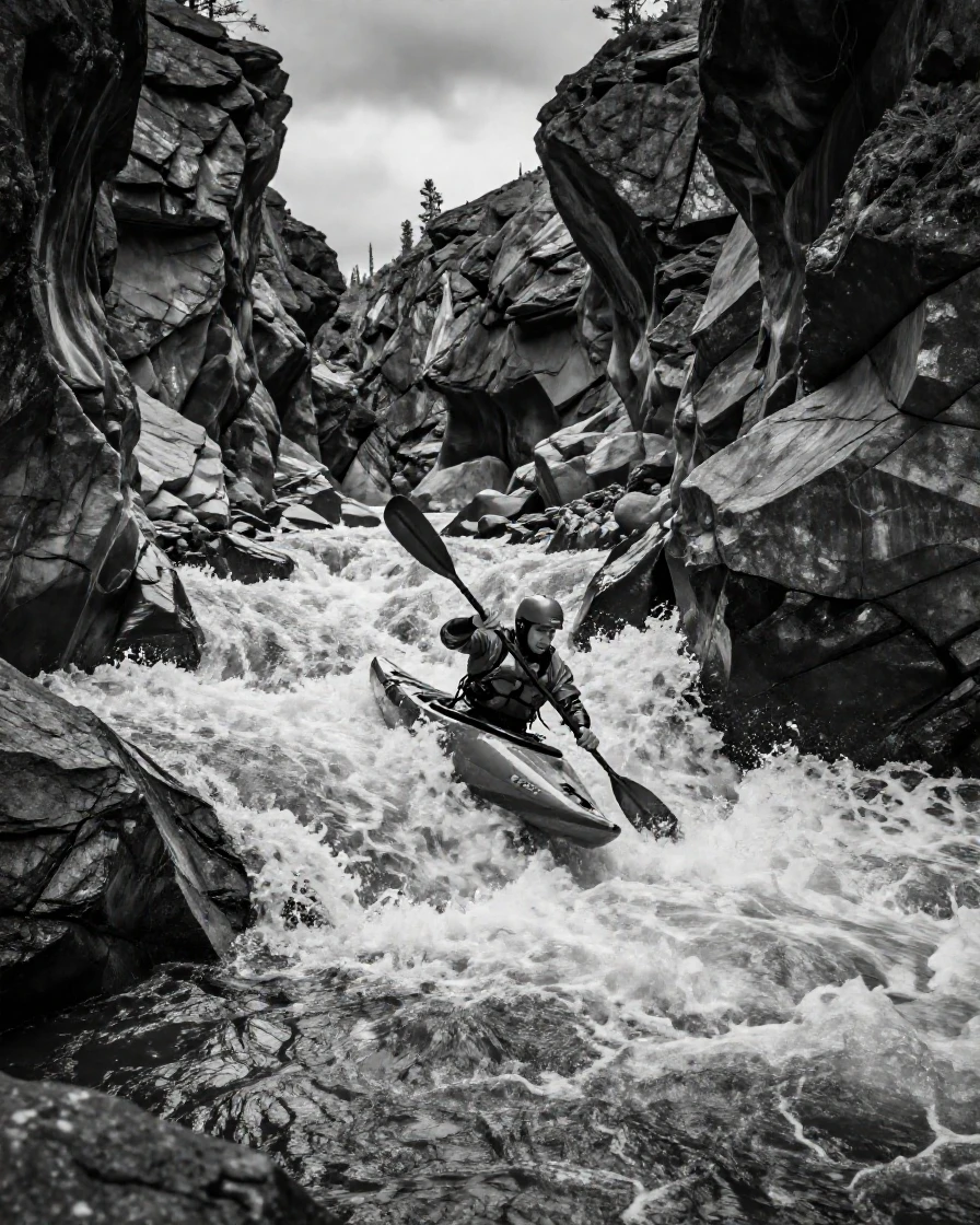 A kayaker navigates rapids in a whitewater river through a narrow river gorge.