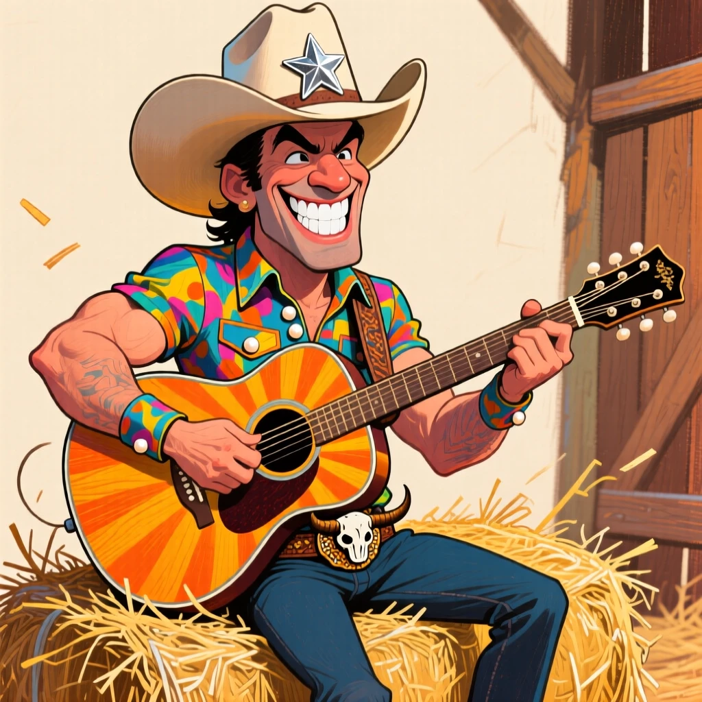 A swaggering fictional country singer in a cowboy hat, strumming a guitar on a hay bale.