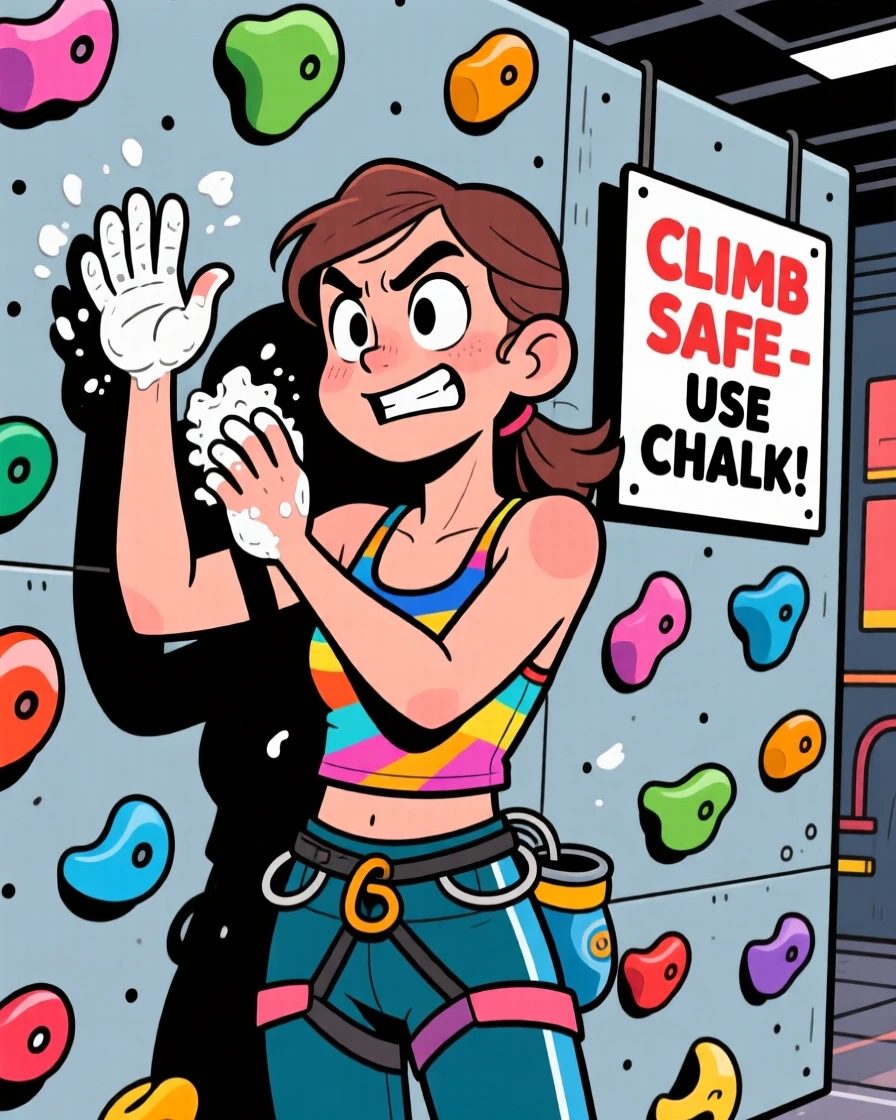 An everyday-life snapshot of an avid rock climber chalking up her hands before tackling an indoor climbing wall.