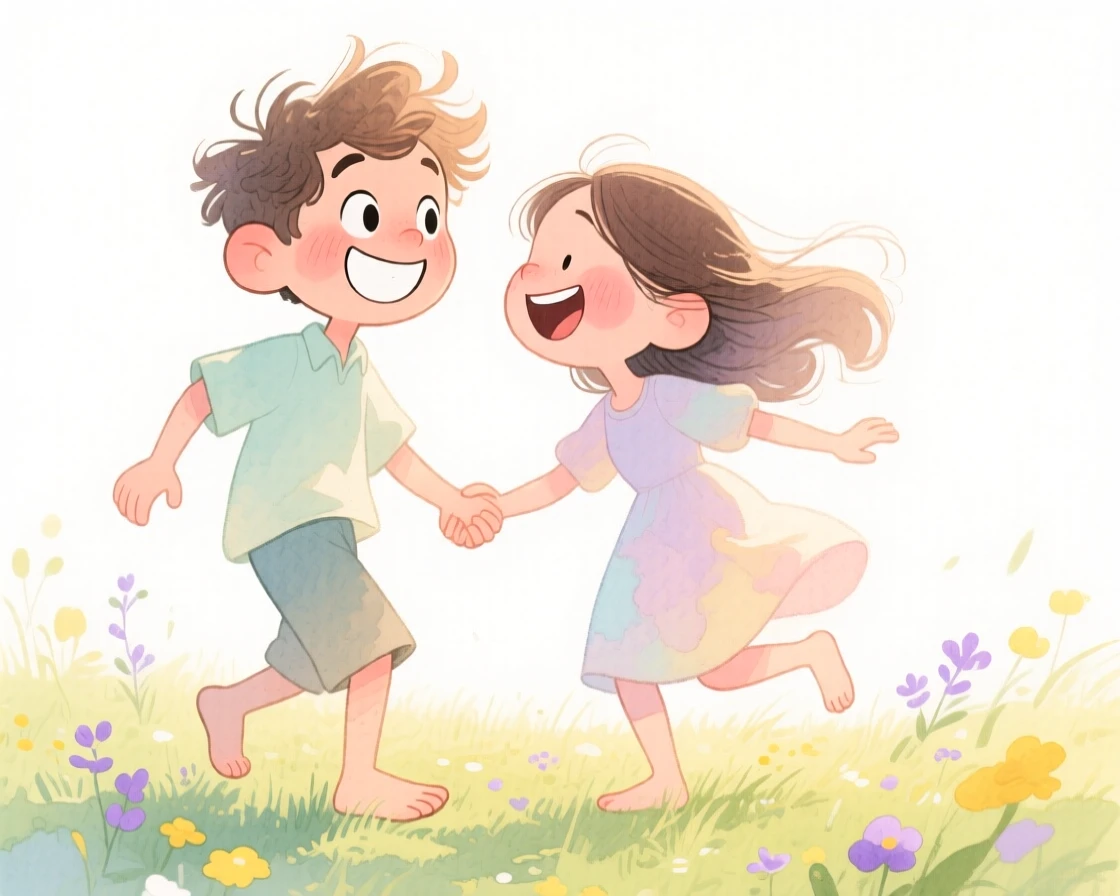 A couple reuniting after time apart dancing barefoot in a sunlit meadow