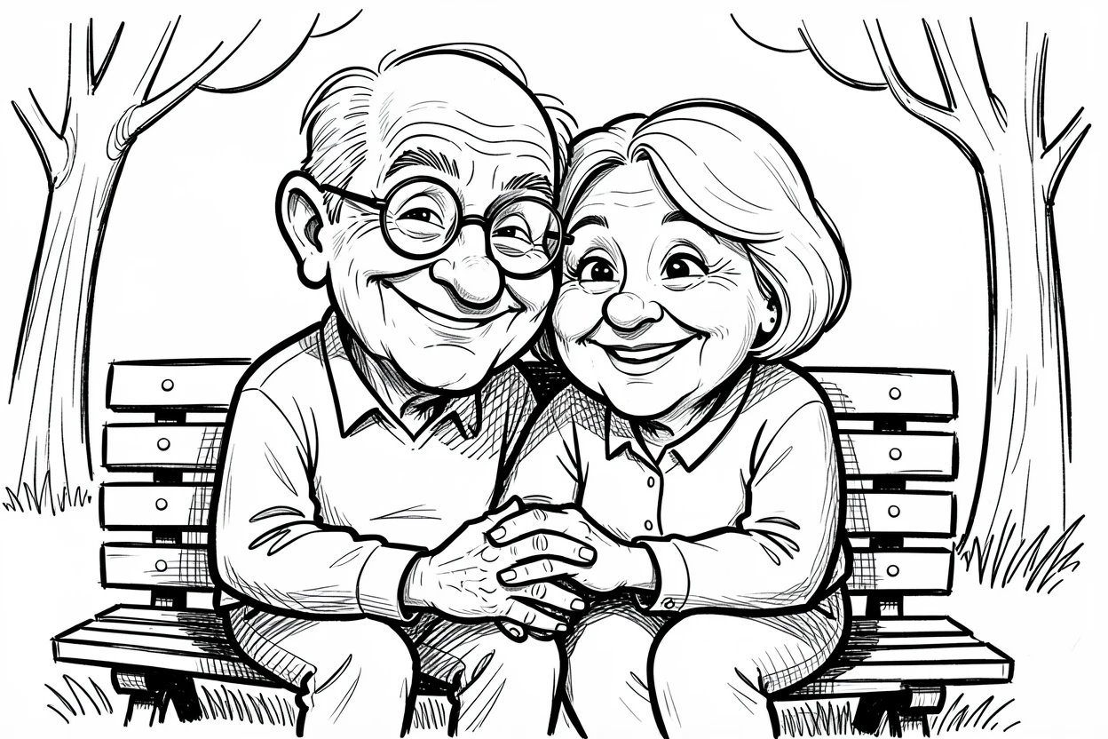 [Family & Relationship Moments] Heartwarming scene of an elderly couple holding hands on a park bench, still in love, radiating love and warmth