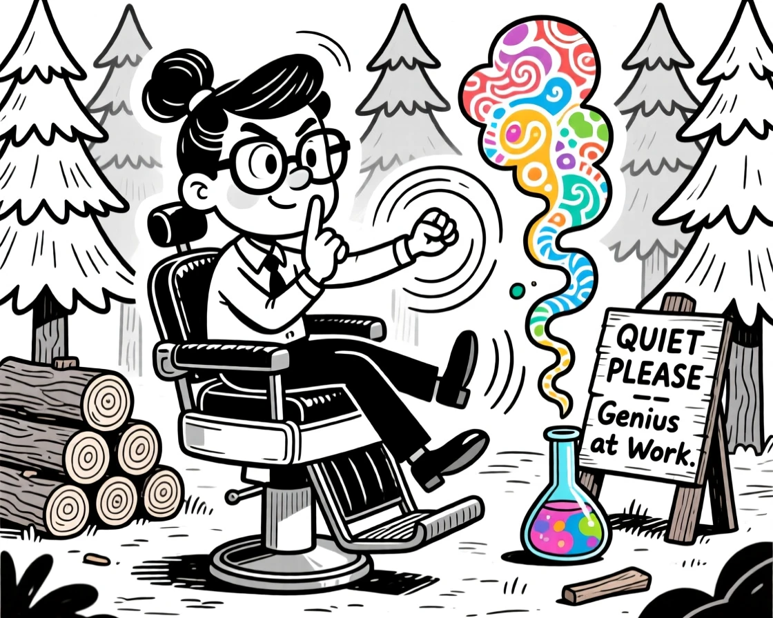 A meticulous librarian shushing with a raised finger, spinning the barber chair with a flourish, set in a dense pine forest with a woodpile nearby. Colorful smoke puffs from an overturned flask. There's pride and humor woven into the moment.