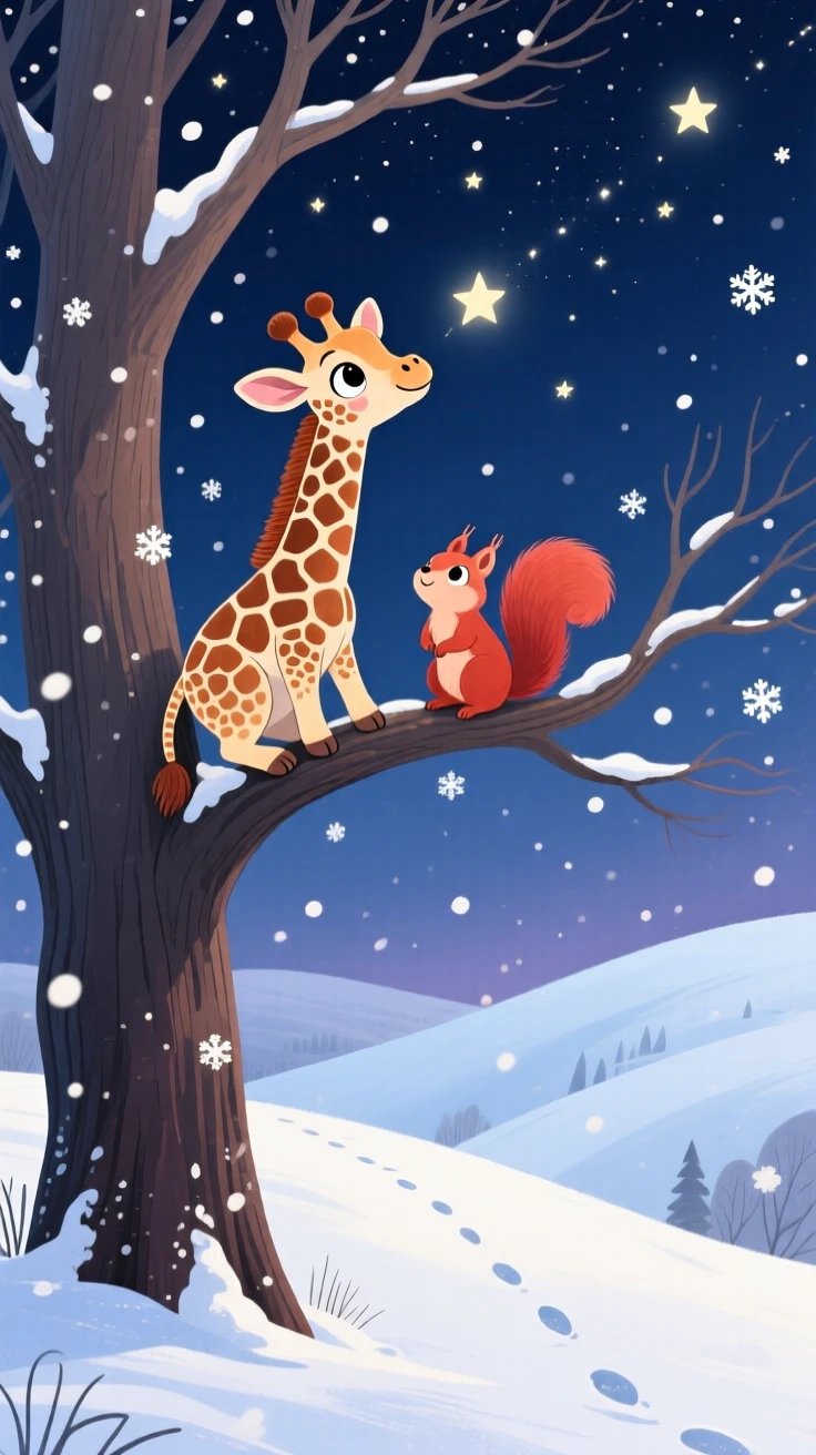 Near a snow-covered hill, a spotted baby giraffe is watching the stars from a treetop alongside a small woodland friend, with the first snowflakes falling softly.