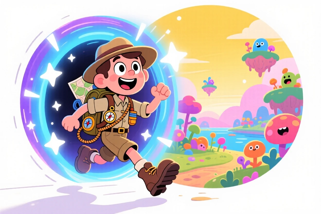 An explorer stepping through a glowing portal into a new world.