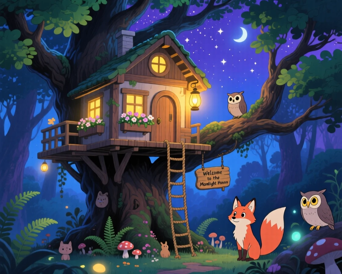 A nighttime scene of a treehouse glowing with lantern light deep in a night forest, softly glowing with warmth.