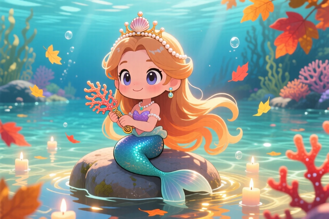 A mermaid princess combing her hair with a coral comb atop a rock, framed as a three-quarter view within a sunlit lagoon, with autumn leaves swirling around, glowing under gentle candlelight, evoking quiet contentment.