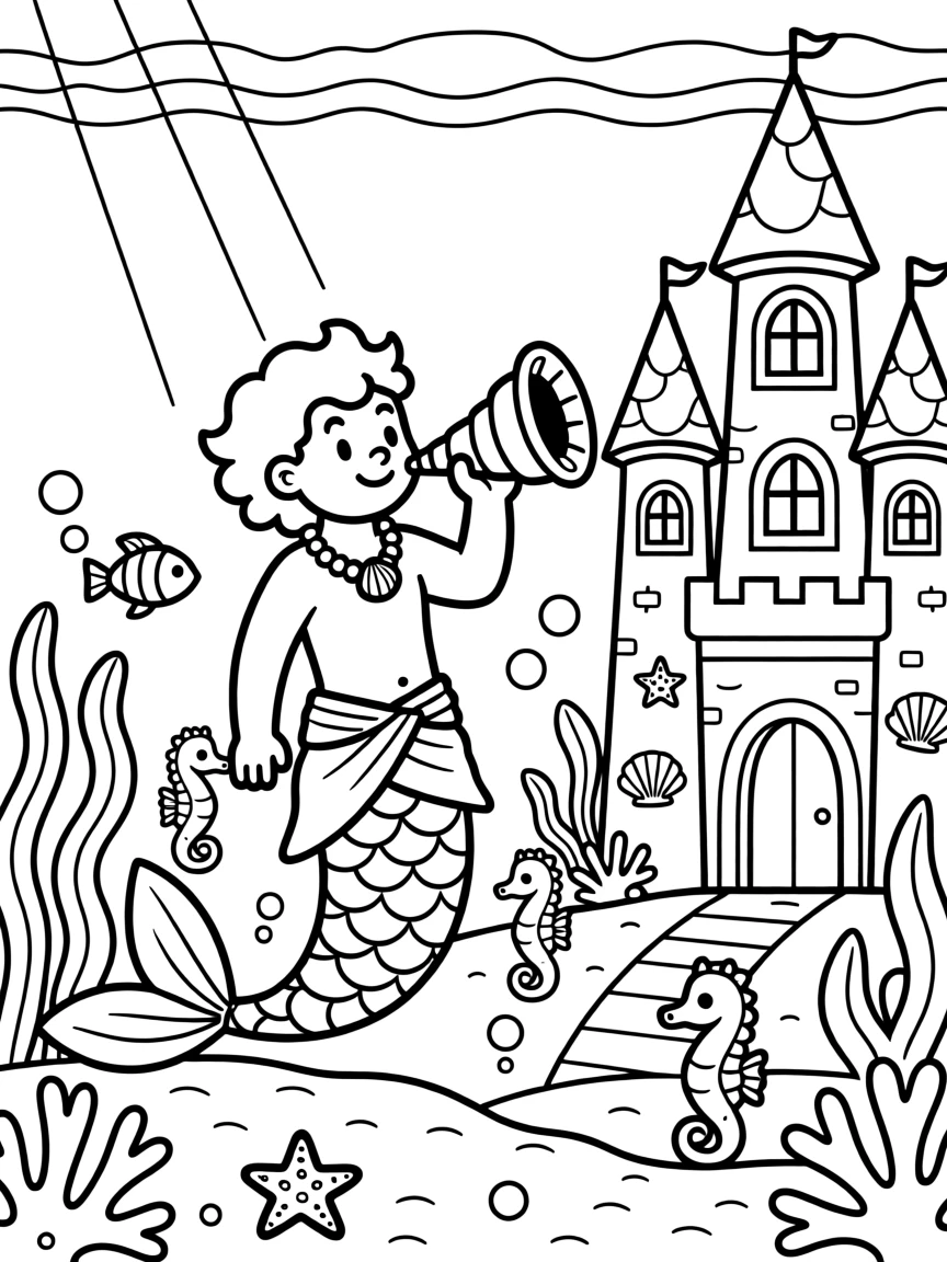 A merman blowing a conch shell horn near an underwater castle