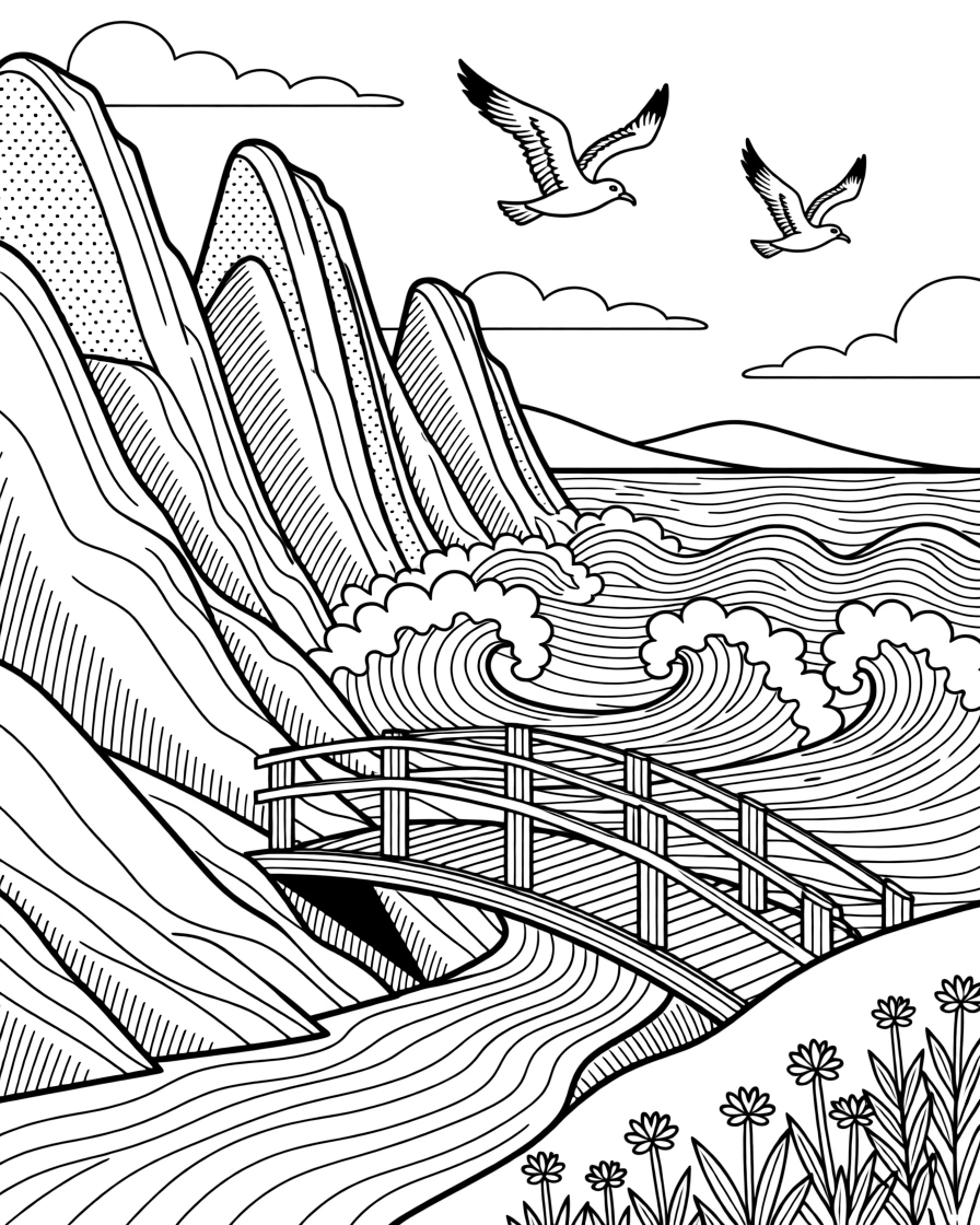 A rocky coastline with waves crashing below cliffs, with a small wooden bridge crossing a stream nearby.