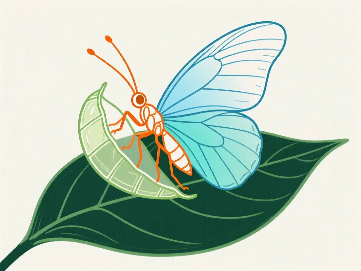 A butterfly emerging from its chrysalis on a leaf.