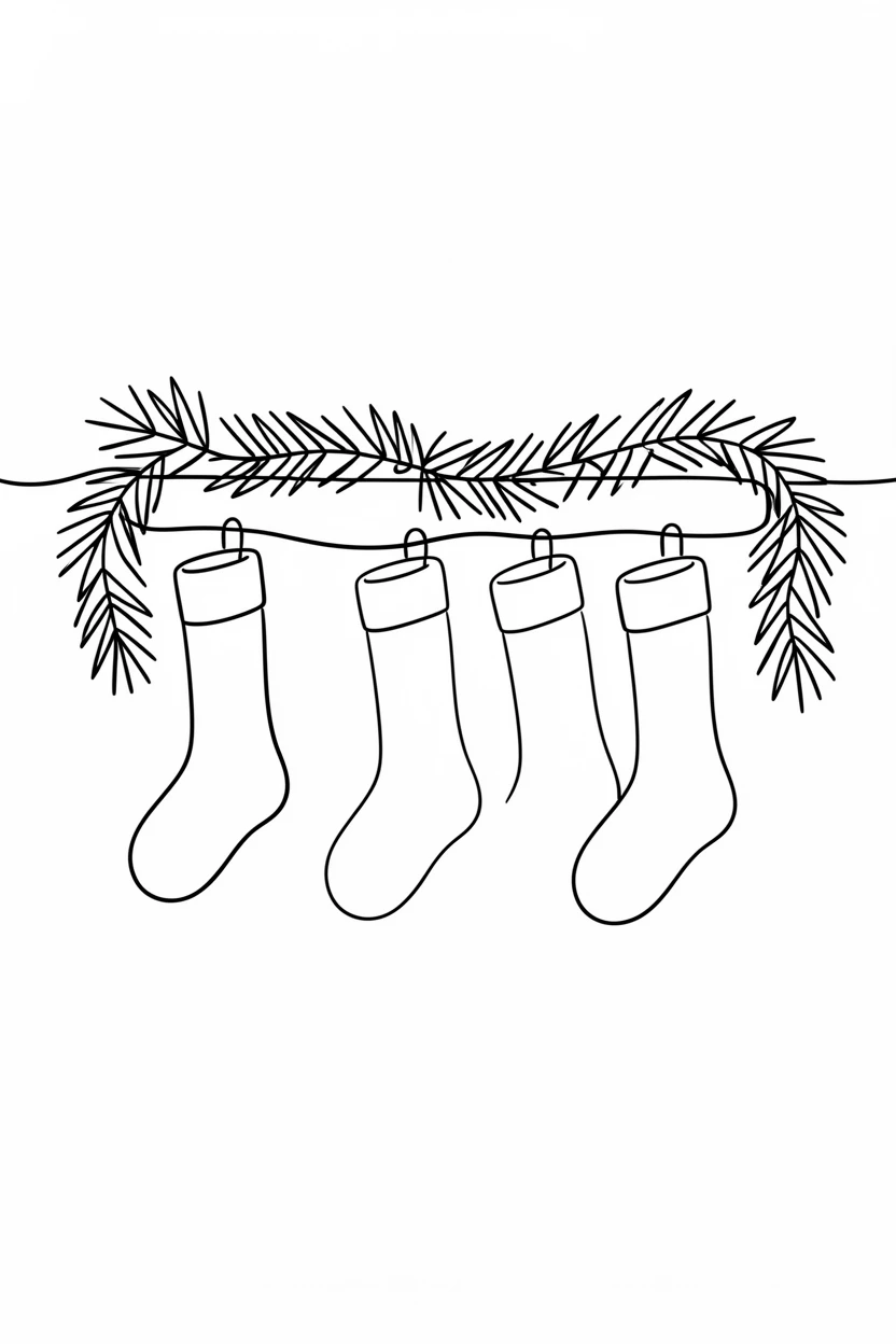 A row of stockings hung along a mantel decorated with pine garland