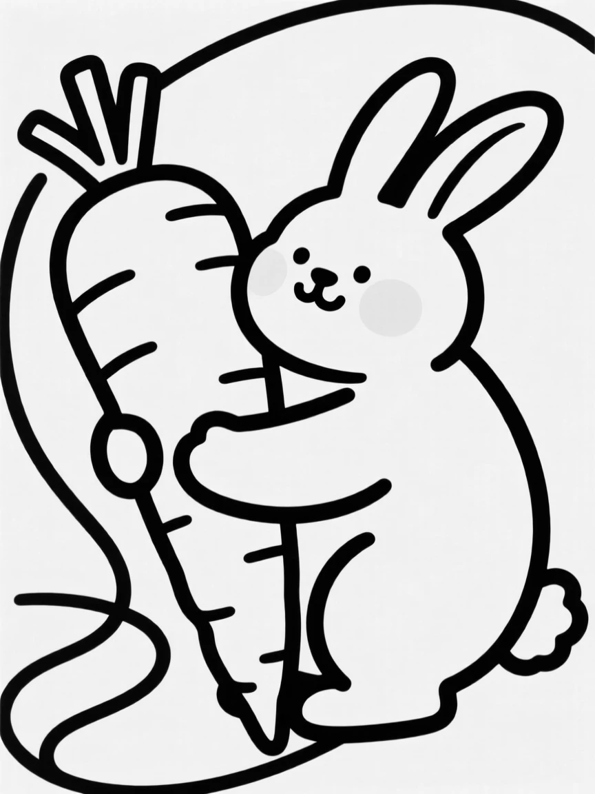 A plump bunny character hugging a giant carrot.