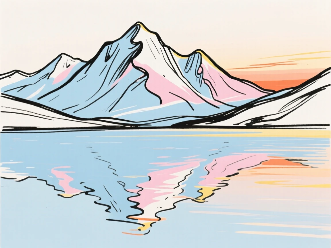 A tranquil lake reflecting snow-capped mountains at sunrise.