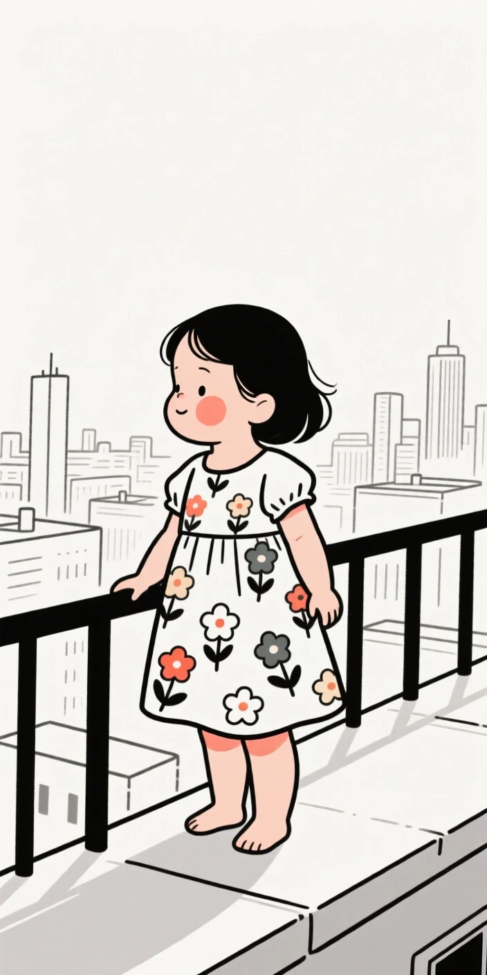 A baby girl of Turkish heritage in a floral summer dress, exuding gentle warmth, on a rooftop overlooking the city.