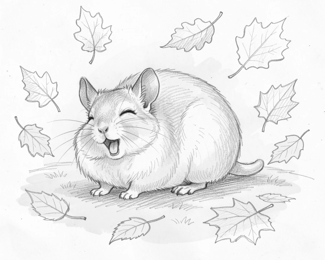 A heartwarming scene of a chinchilla mid-yawn napping in a patch of warm sunlight, surrounded by falling autumn leaves.