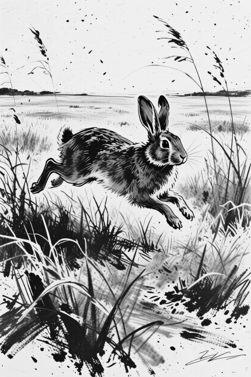 A rabbit in tall grass running freely across an open plain.