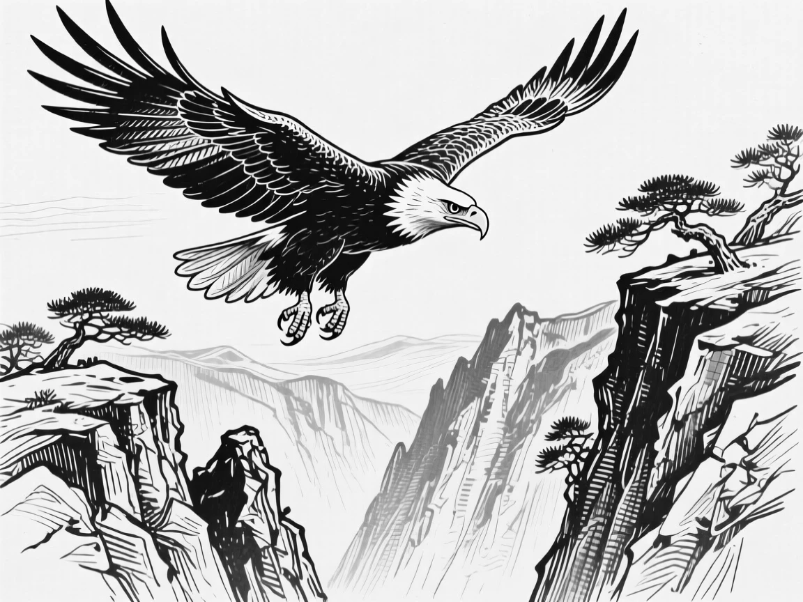 An eagle soaring high above a rugged mountain canyon.