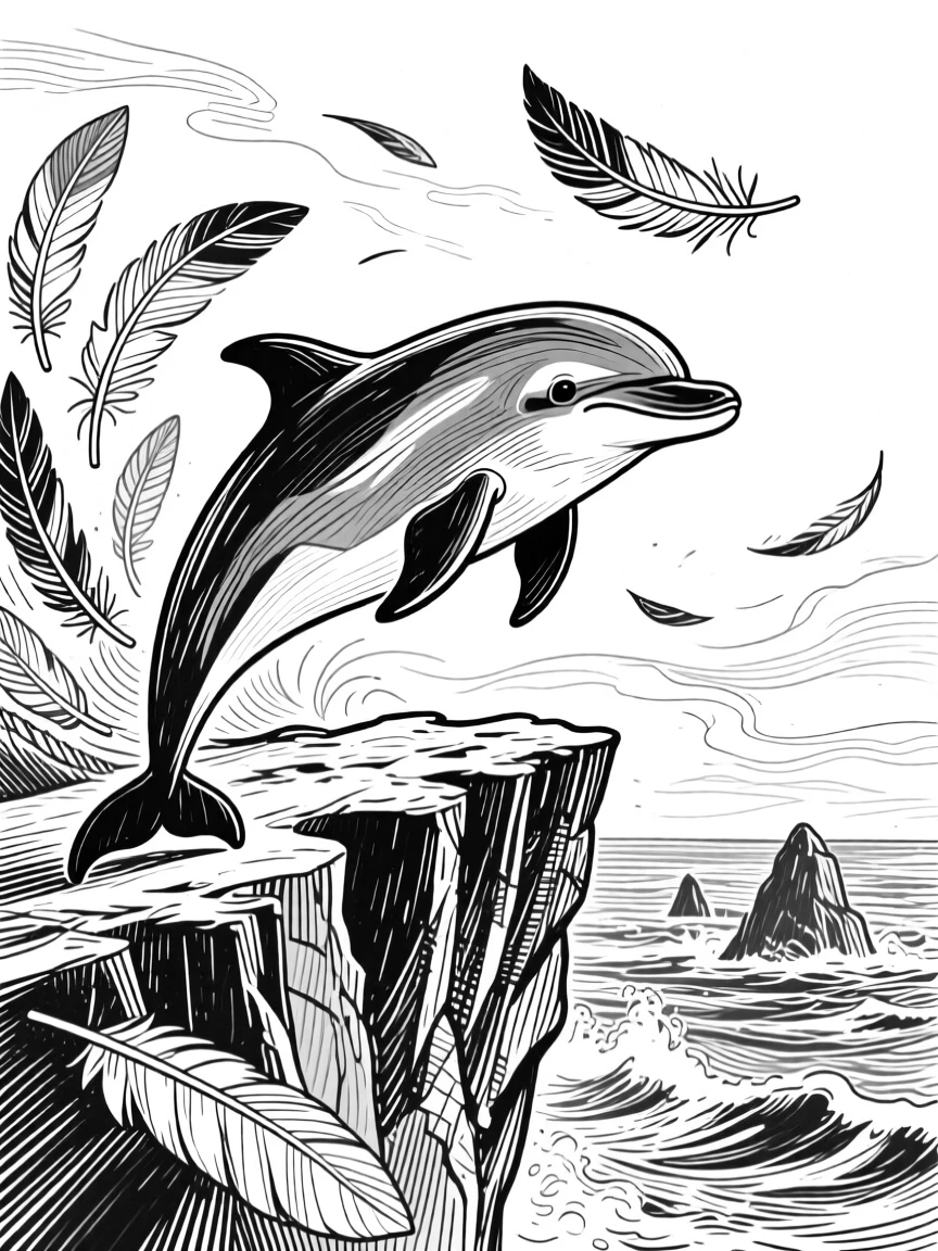 A playful dolphin on a windswept cliff, feathers fanned in fine detail, capturing a playful and lighthearted moment in nature with a strong, centered focal point.