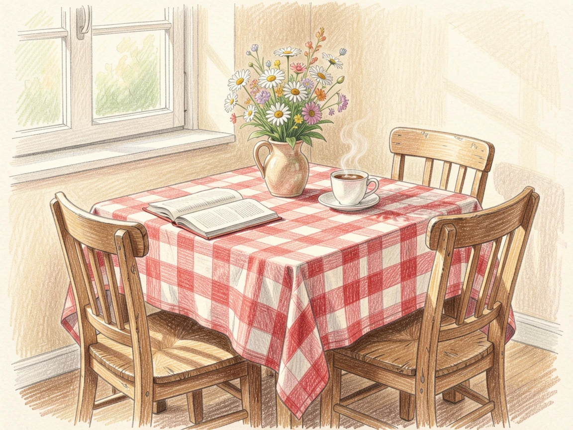 A charming breakfast nook with a checkered tablecloth and fresh flowers, with soft shadows and a gentle, lived-in charm, radiating warmth, comfort, and quiet domestic happiness.